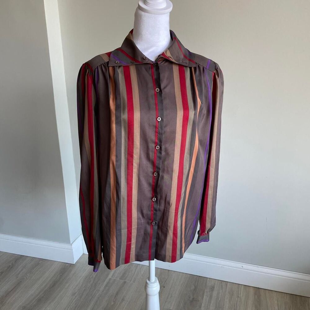 Vintage 70's Brown & Multicolored Striped Blouse Women's Medium Twee Disco READ